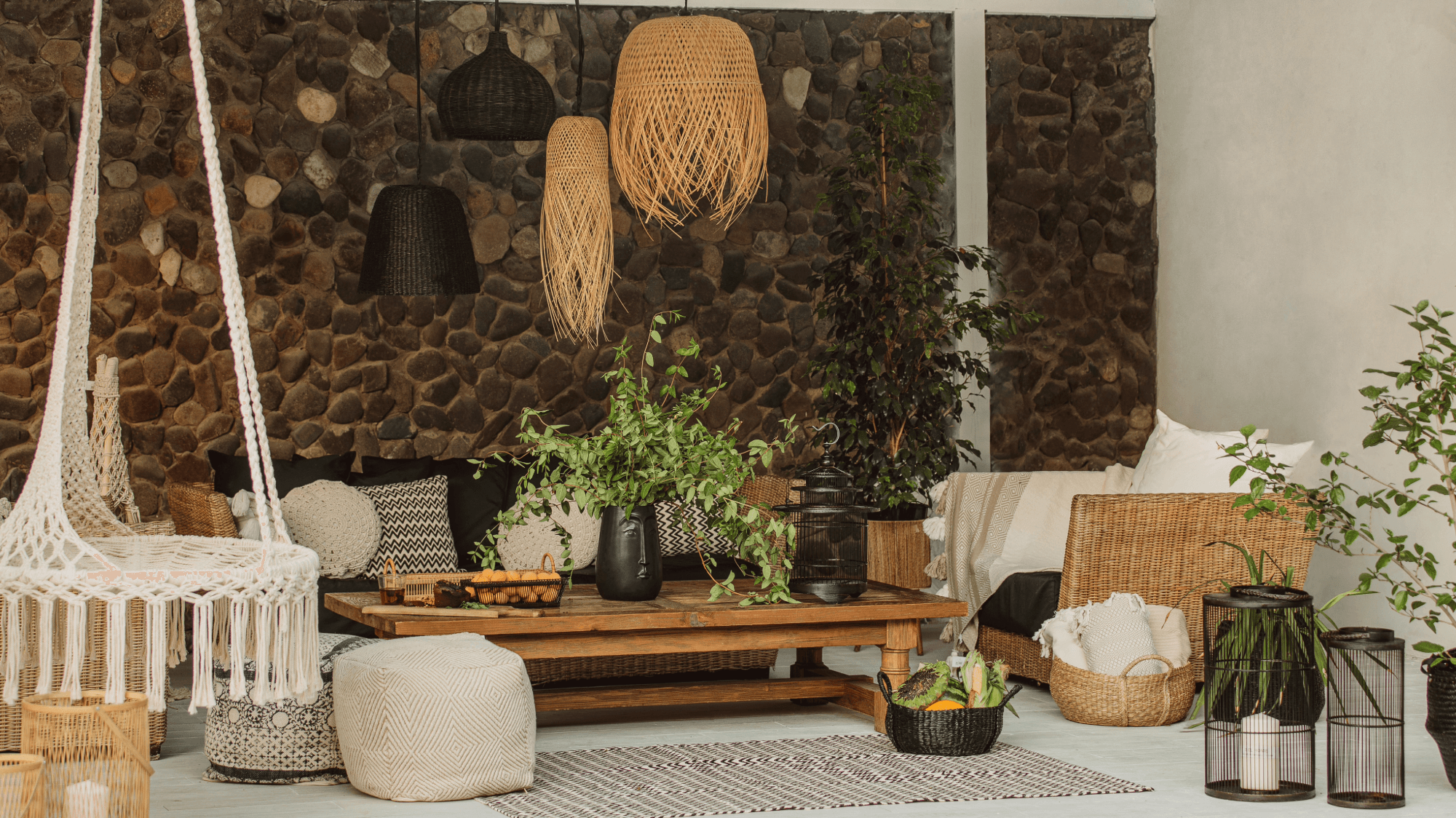 Relaxed rustic lounge area with earthy tones and greenery